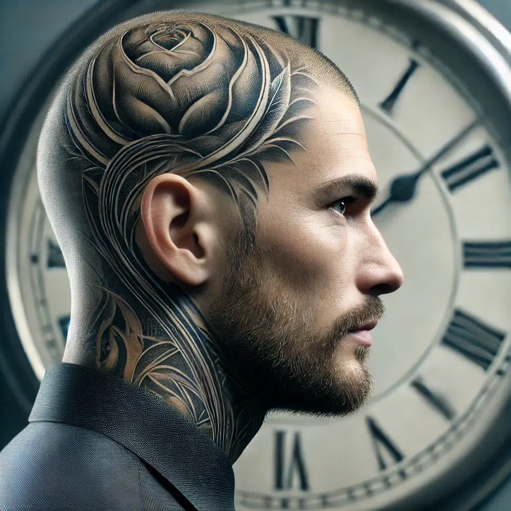 man with tattoo on head and time