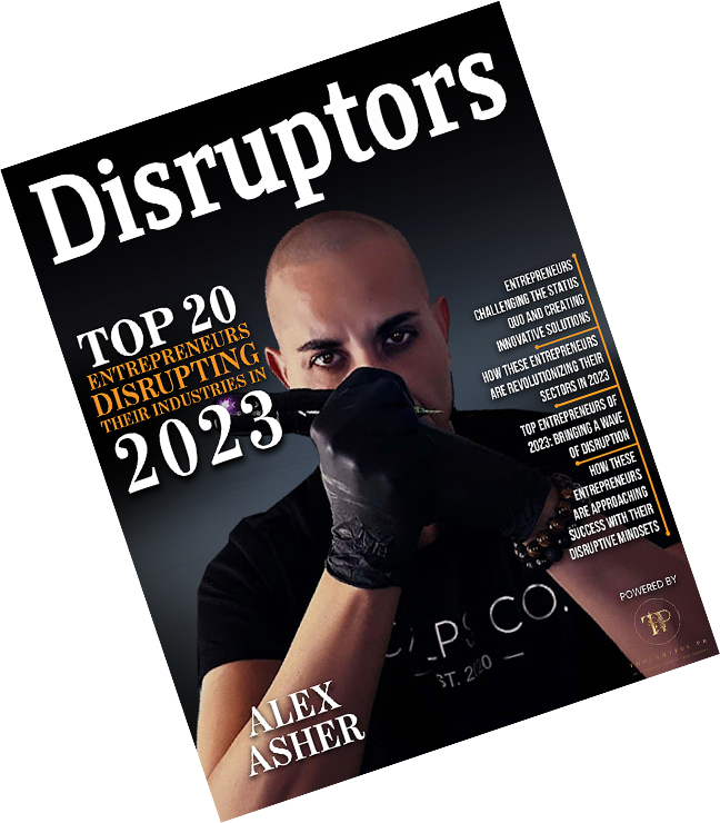 Alex Asher winning the top 20 Entrepreneurs disrupting their industries in 2023. Alex Asher with scalps USA. Disruptors magazine