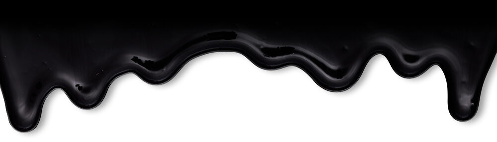 Black oil-like, tar-like or resin-like liquid dripping down. Isolated on white background.