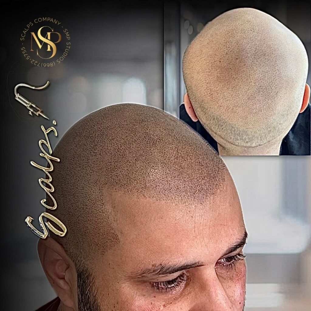 Aggressive hairline for young man after a scalp micropigmentation procedure. Done by Alex Asher from SCALPS USA in New Jersey