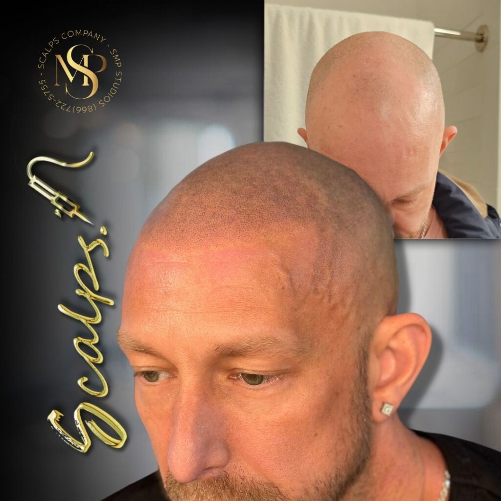 Beautiful natural scalp micropigmentation result for a Norwood 7 client With light skin and light hair. Done by Alex Asher from SCALPS USA in New Jersey