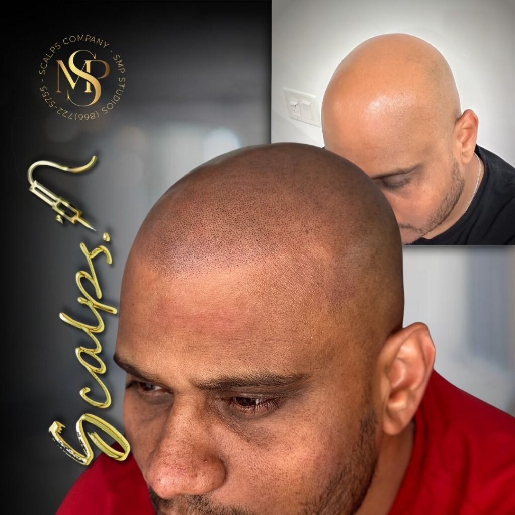 Beautiful natural scalp micropigmentation treatment done on a middle-aged Indian man who was a norwood 7, done by Alex Asher from SCALPS USA