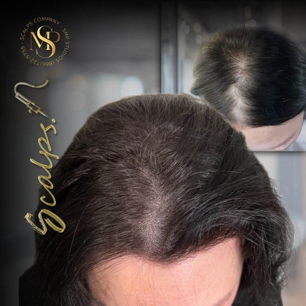 Scalp micropigmentation for women. great result for woman with hair loss in part of hair SCALPS USA