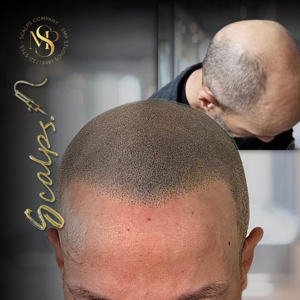 Beautiful curved hairline for old man That received a scalp micropigmentation procedure who was in Norwood 7. Done by Alex Asher from SCALPS USA in New Jersey