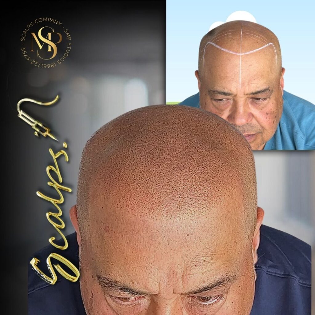 Beautiful light result for An older man with dark skin Norwood 7 after a scalp micropigmentation procedure.Done by Alex Asher from SCALPS USA in New Jersey