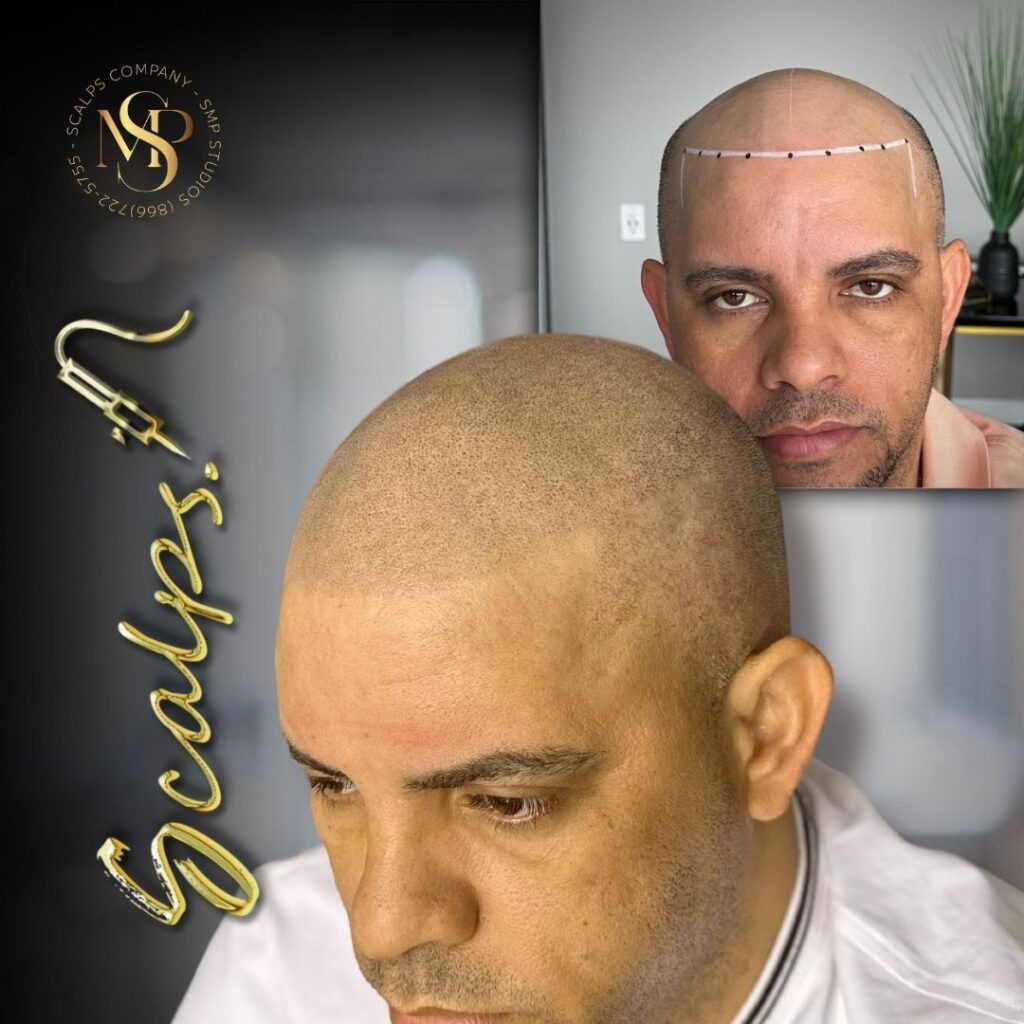 Very defined hairline with natural results through scalp micropigmentation for a young man. that had a Norwood 7. Done by Alex Asher from SCALPS USA in New Jersey