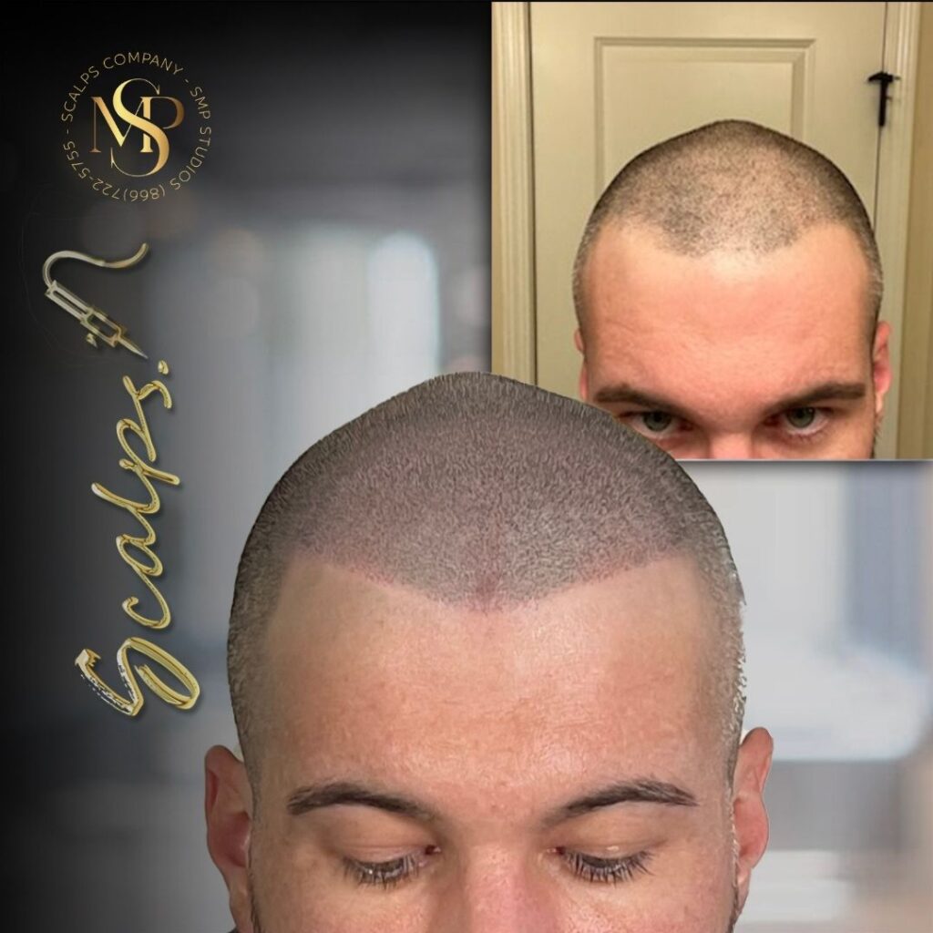 Pointed curved hairline for young man that did. man that did a hair thickening and modified the front hairline through scalps micropigmentation. Done by Alex Asher from SCALPS USA in New Jersey