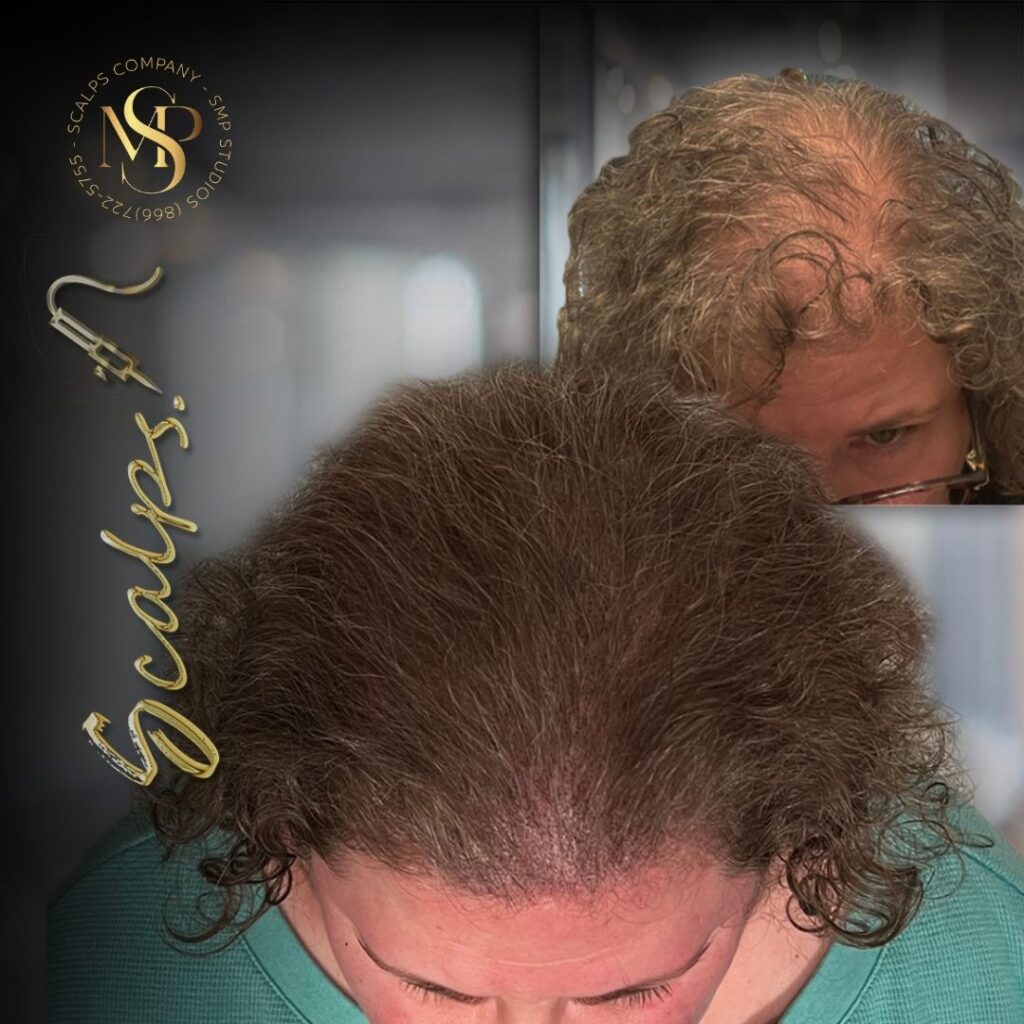 Scalp micropigmentation for women. great result for woman with a lot of hair loss from SCALPS USA