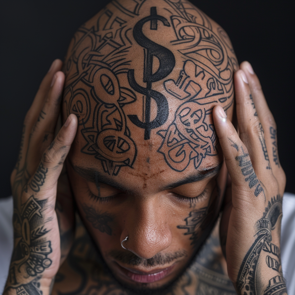 guy with tattoo dolar signs on head