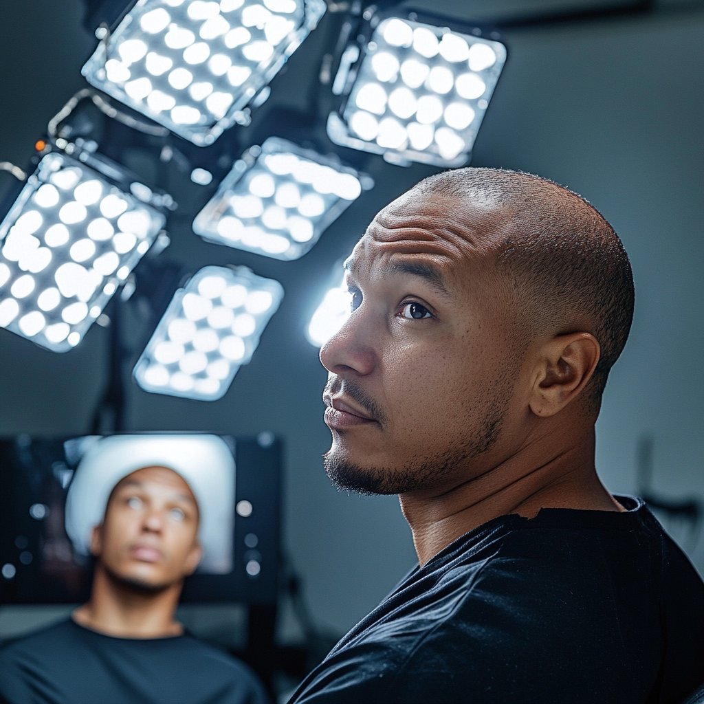 Man Concerned About Scalp Micropigmentation Results Under Studio Lighting