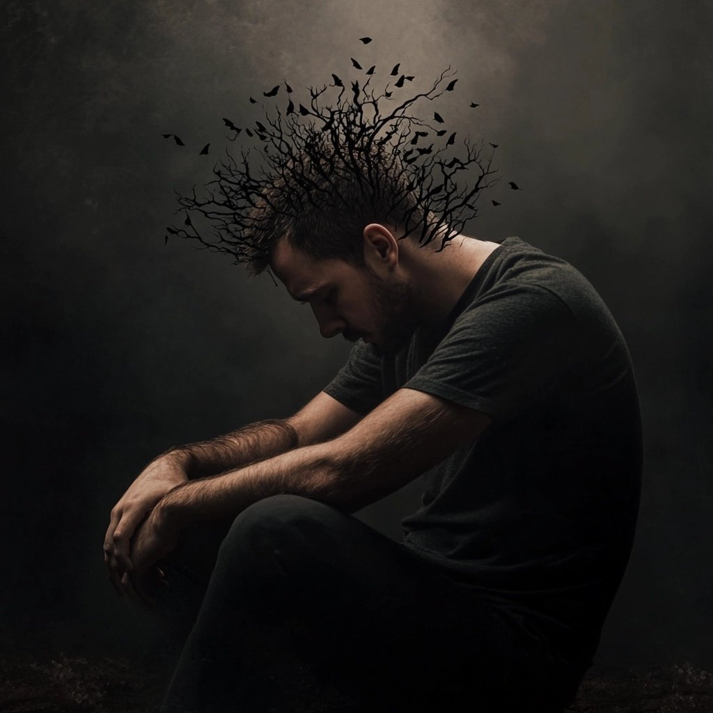 A concerned man sitting alone, contemplating getting a scalp micropigmentation procedure, with branches and birds emerging from his head symbolizing his confusion and concern