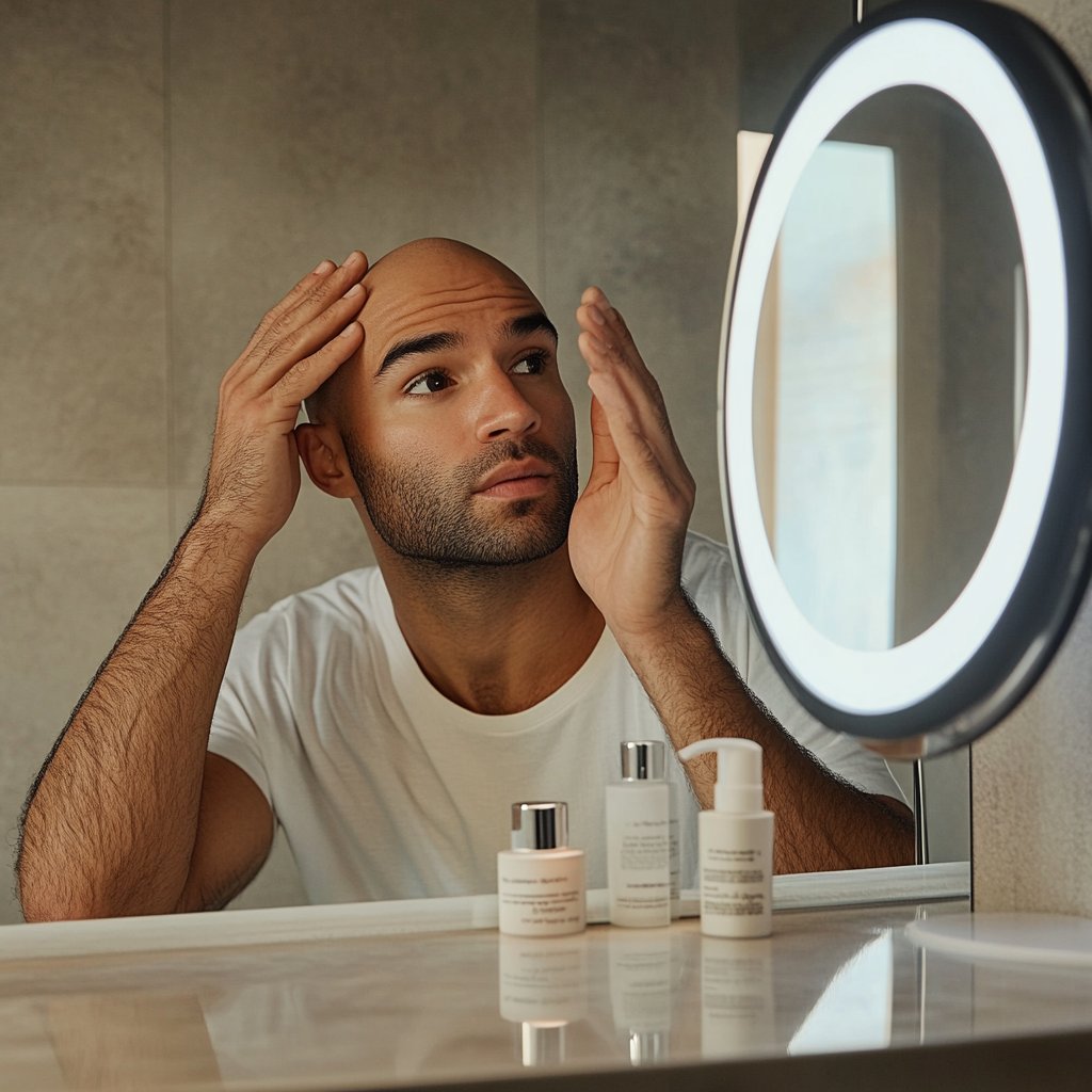 A man carefully applying aftercare products to his scalp in a modern bathroom, following a scalp micropigmentation procedure, emphasizing the importance of aftercare