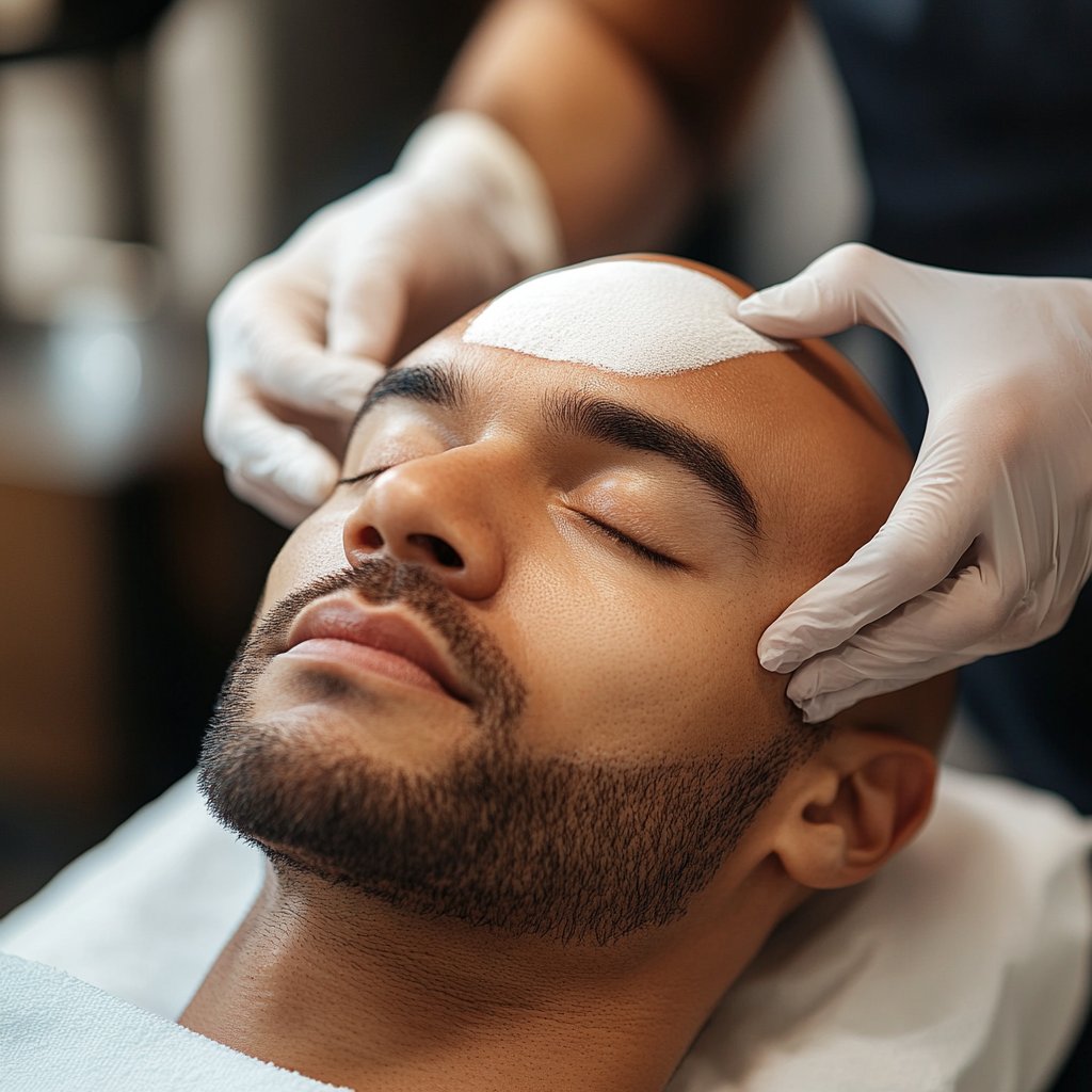 A close-up of a man comfortably lying down while a technician prepares his scalp for a micropigmentation procedure, emphasizing the care and professionalism in the process