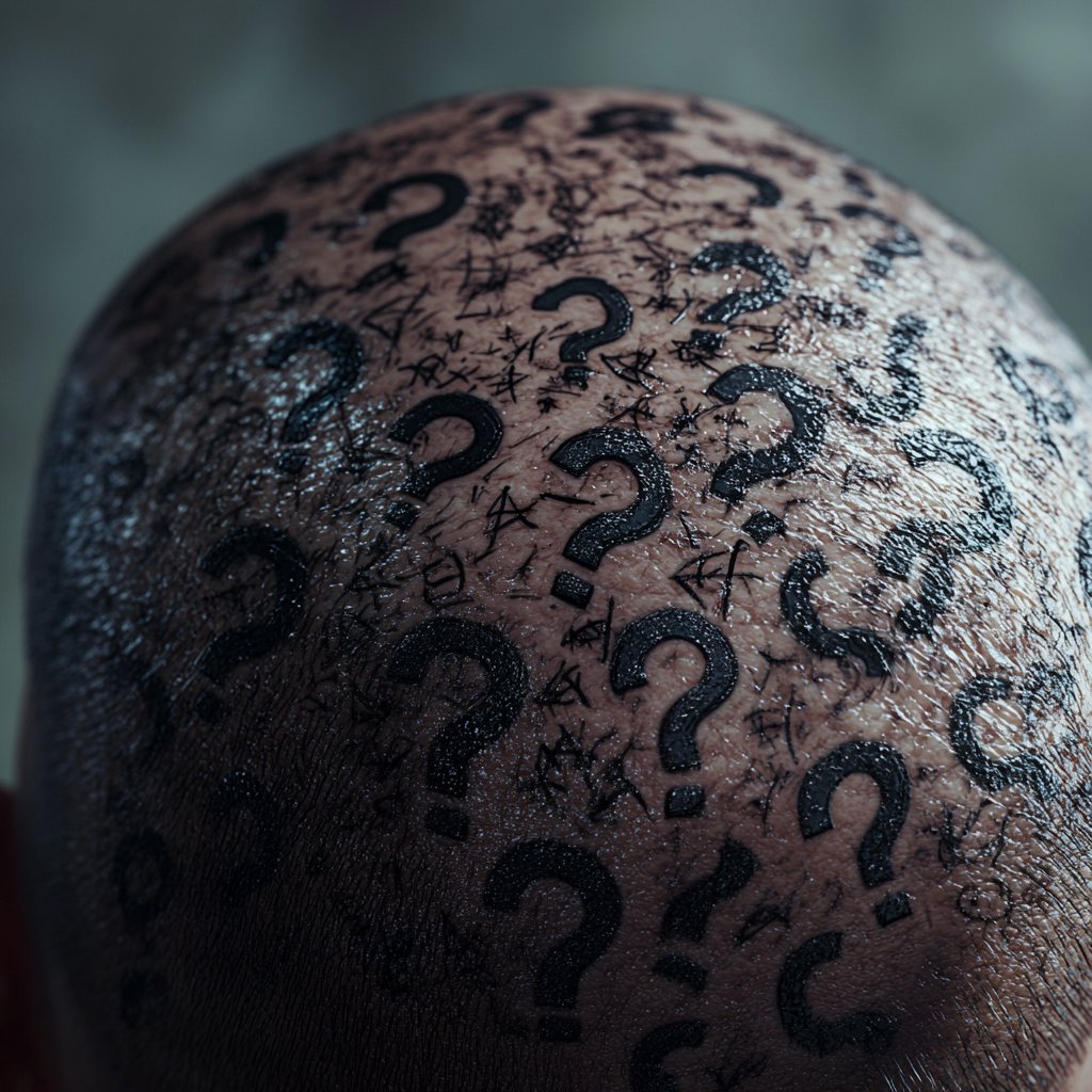 A close-up of a human scalp with abstract question marks and symbols representing concerns about the risks or side effects of scalp micropigmentation, set in a slightly blurred clinical background