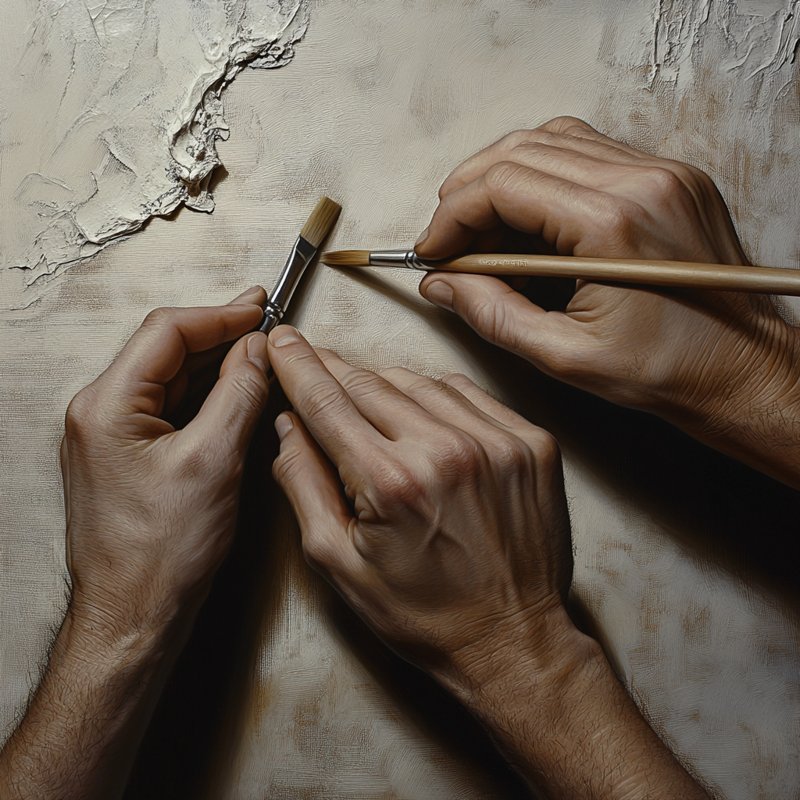 The hands of two artists working on a canvas, symbolizing the importance of experience in scalp micropigmentation (SMP).