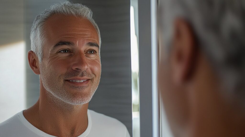 A mature man with gray hair smiling confidently at his reflection in the mirror after a successful scalp micropigmentation treatment, showing the seamless blend with his natural hair