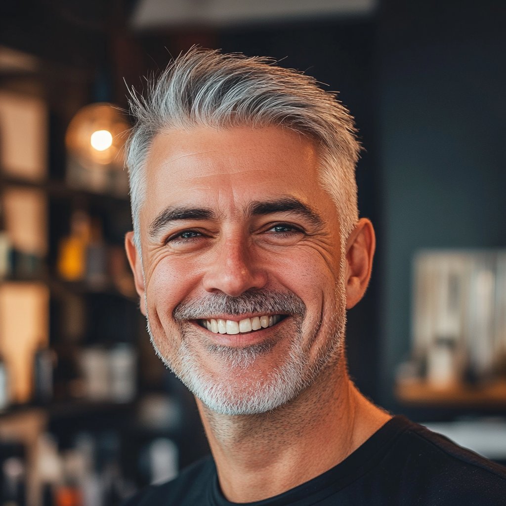 A mature man with gray hair smiling in a modern studio, highlighting the discussion on whether to get scalp micropigmentation with gray hair