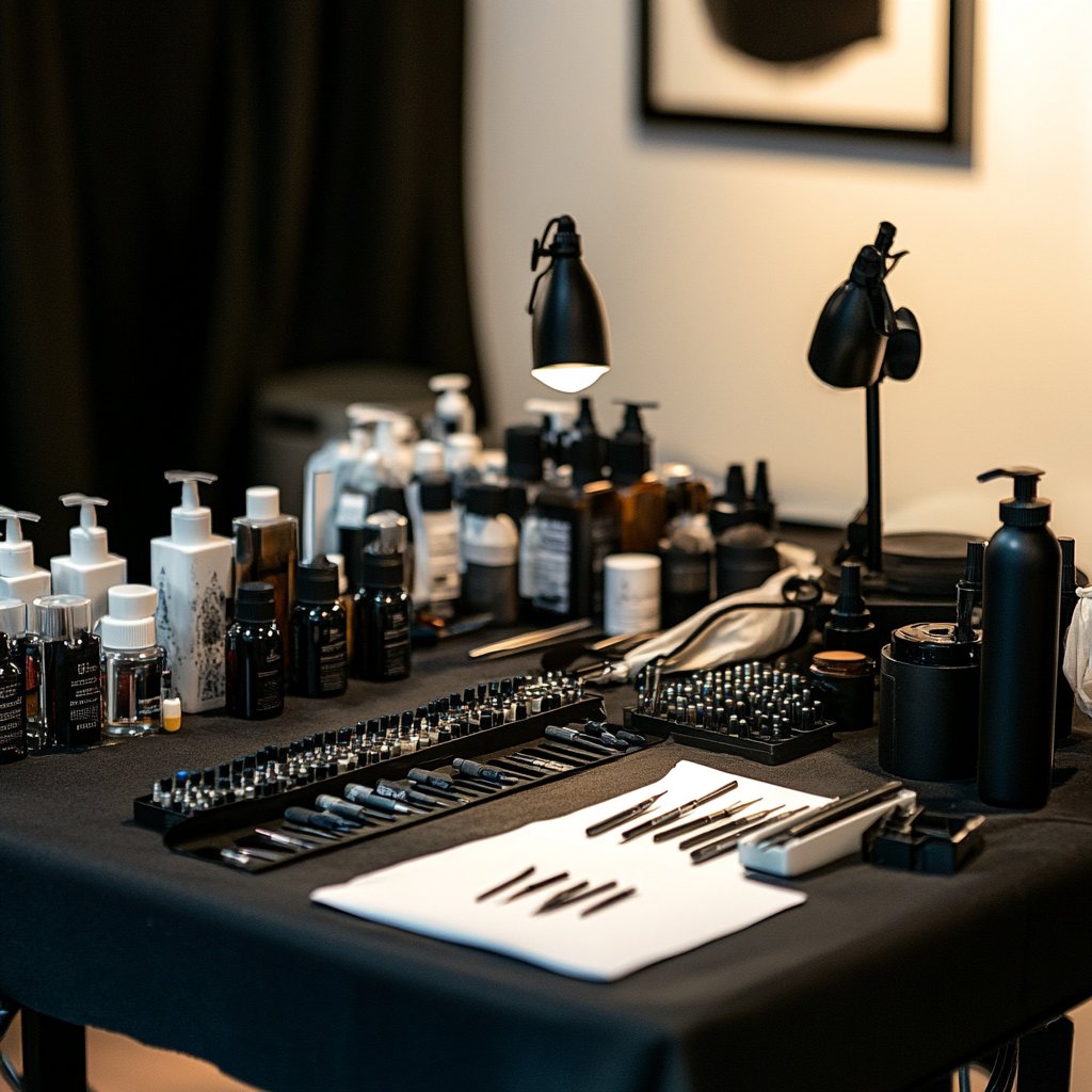 A detailed and organized tattoo artist's table with essential tools and equipment, showcasing the professionalism and precision required in scalp micropigmentation