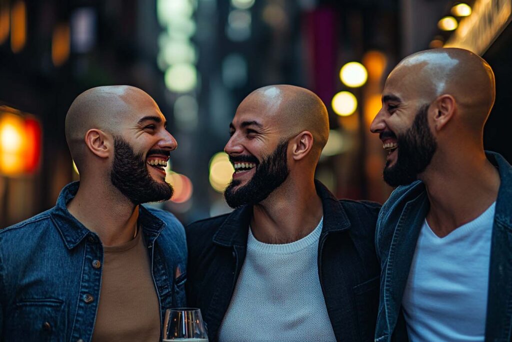 three_white_men_with_bald head laughing in the city