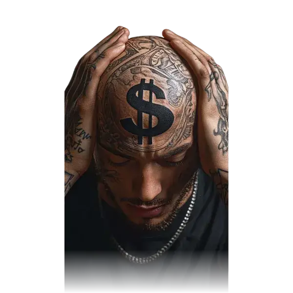 Find The Best Scalp Micropigmentation Near Me 6 smp price and cost man holding head with tattoo of dollar sign