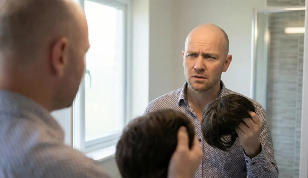 man looking confused about wearing hairpiece