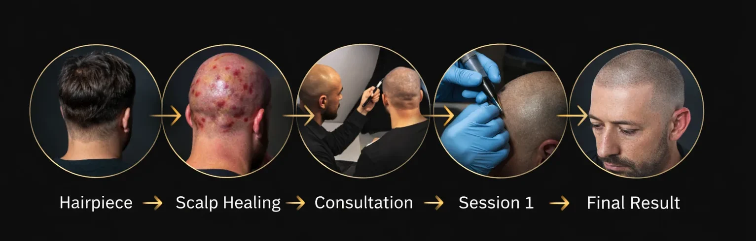 Transition timeline for switching from hairpiece to SMP: hairpiece, scalp healing, consultation, session 1, session 2/3, final result