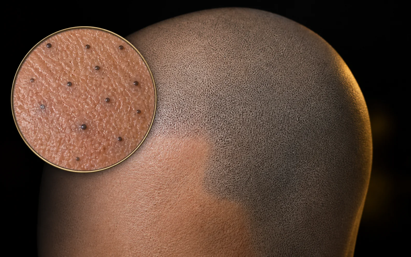 Scalp Micropigmentation & Hair Tattoo Studio In Manalapan NJ 1 Close-up visualization of scalp micropigmentation impressions creating a shaved-follicle pattern