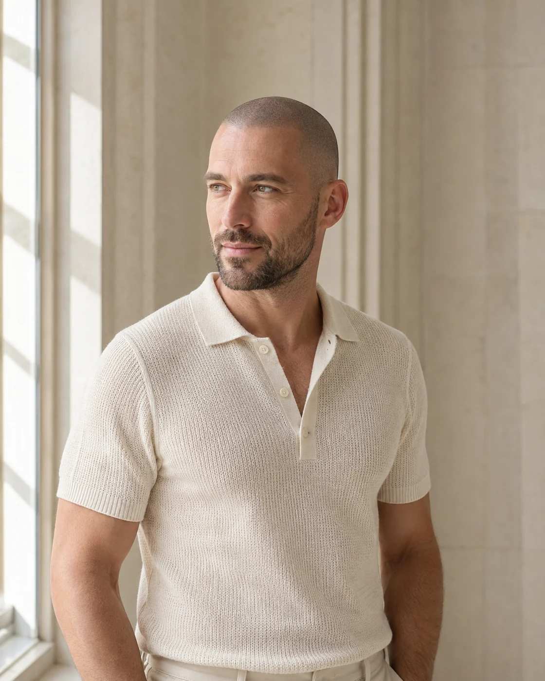 Lifestyle illustration of a man with a close-shaved look in soft daylight