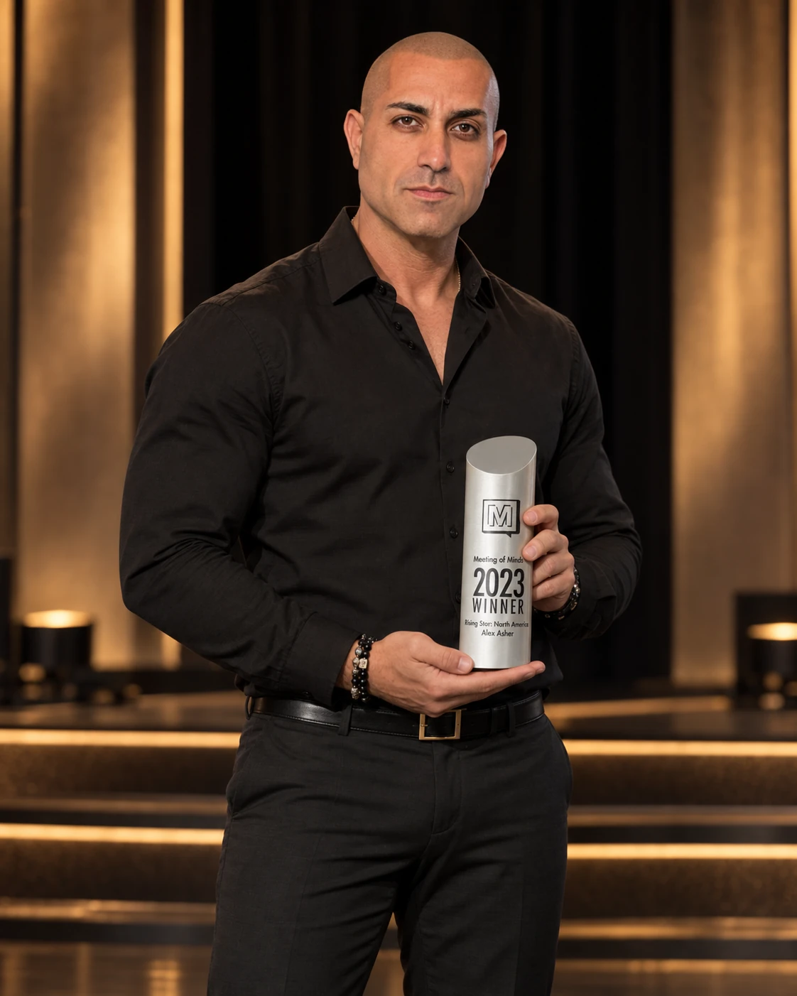 Scalp Micropigmentation For Women | SCALPS 7 Editorial portrait of Alex Asher in a black shirt holding his Meeting of Minds award