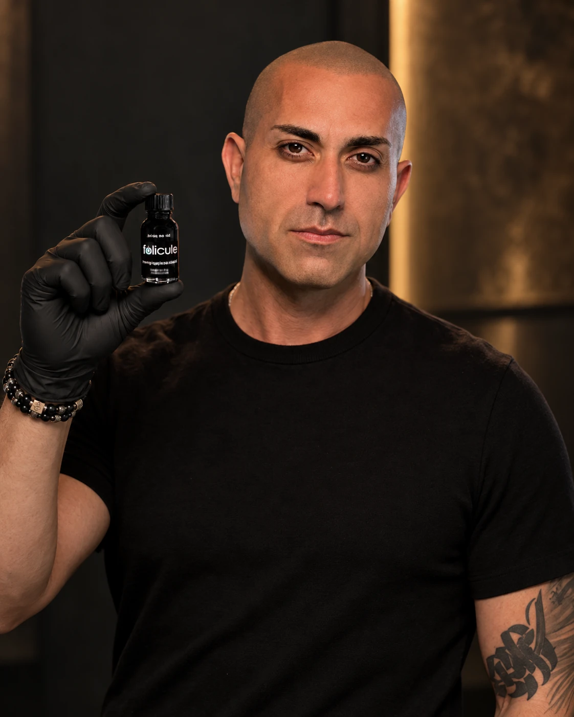 About Us | SCALPS USA 7 AI-edited editorial portrait of Alex Asher holding a Folicule scalp micropigmentation pigment bottle