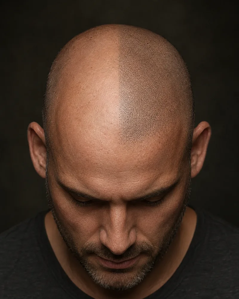 Scalp Micropigmentation & Hair Tattoo Studios | Scalps USA 9 Illustration of a man looking down, with an untreated bald appearance on the left and a shaved-look SMP concept on the right