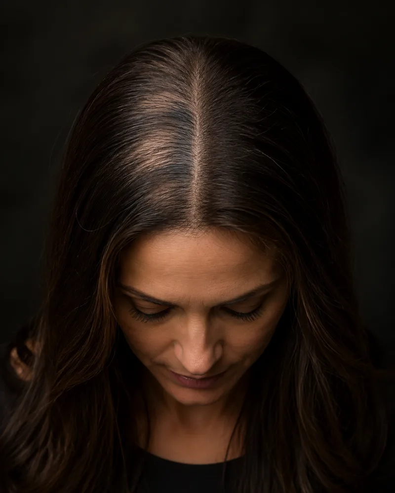 Scalp Micropigmentation & Hair Tattoo Studios | Scalps USA 10 Illustration of a woman with longer hair, showing thinning on the left and a density SMP concept with less scalp contrast on the right