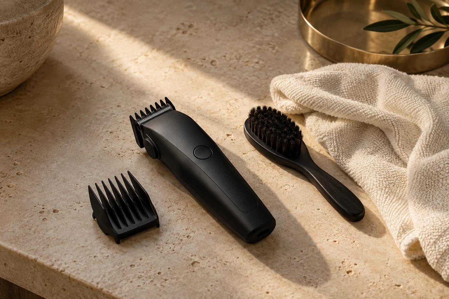 Scar Camouflage Scalp Micropigmentation 11 Hair clippers, two guards, a grooming brush and a towel arranged on pale stone