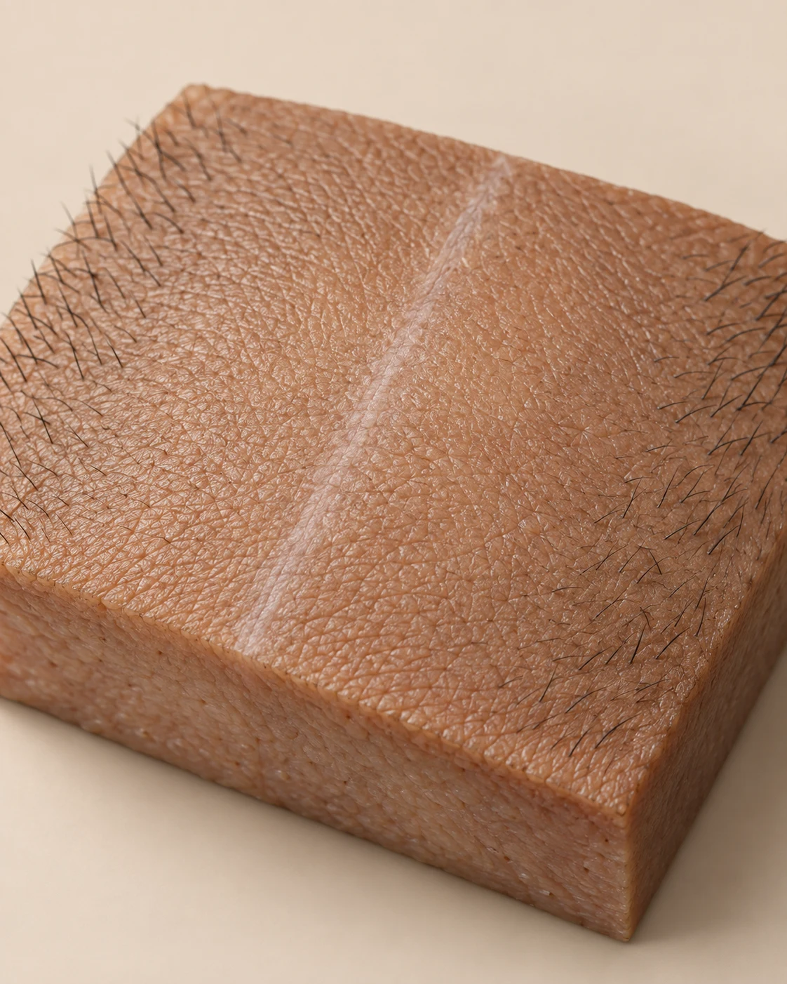 Scar Camouflage Scalp Micropigmentation 7 Teaching model showing a pale, flat, closed scar level with the surrounding scalp skin