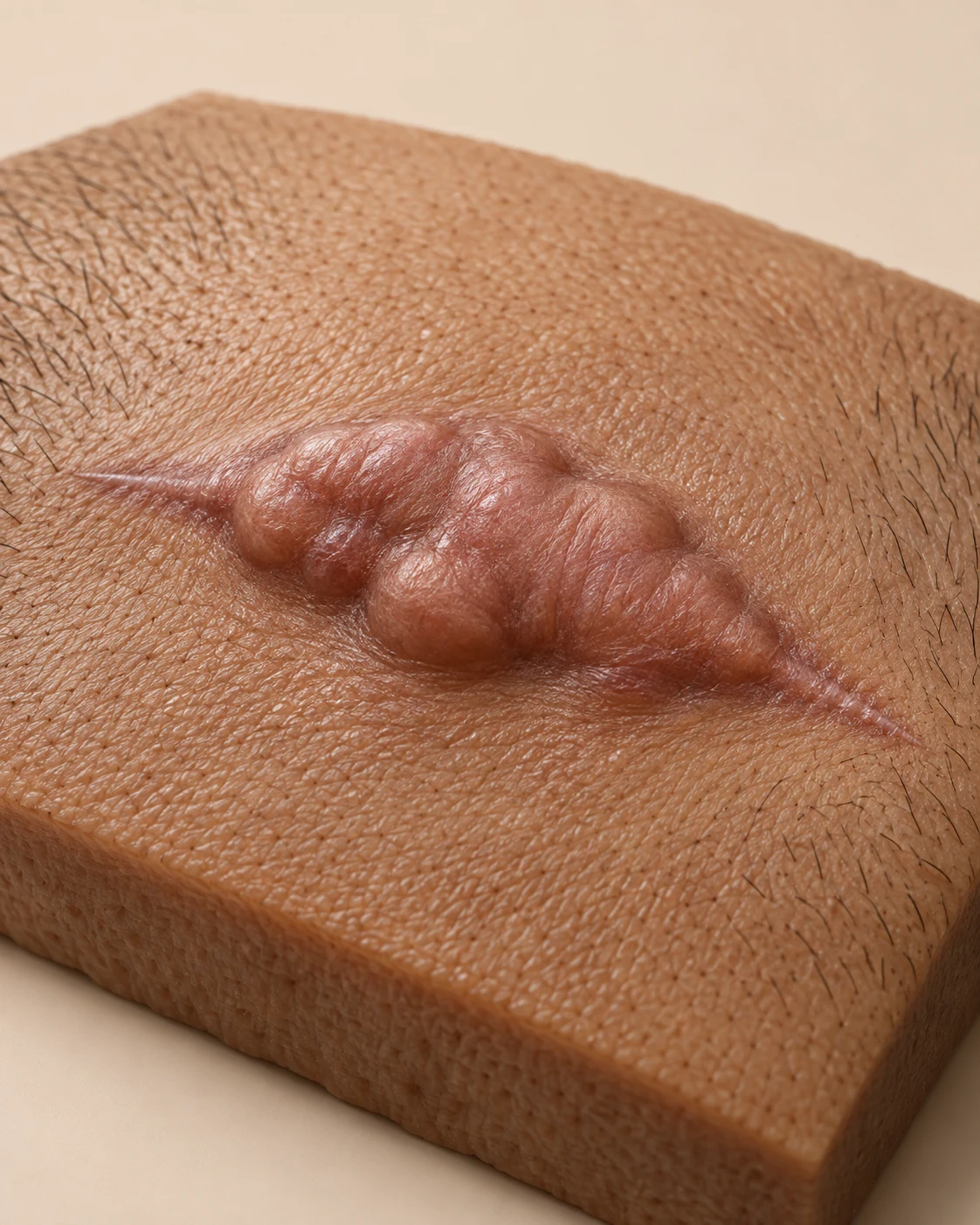 Scar Camouflage Scalp Micropigmentation 9 Teaching model of a raised, lobulated keloid extending wider than the narrow original injury track