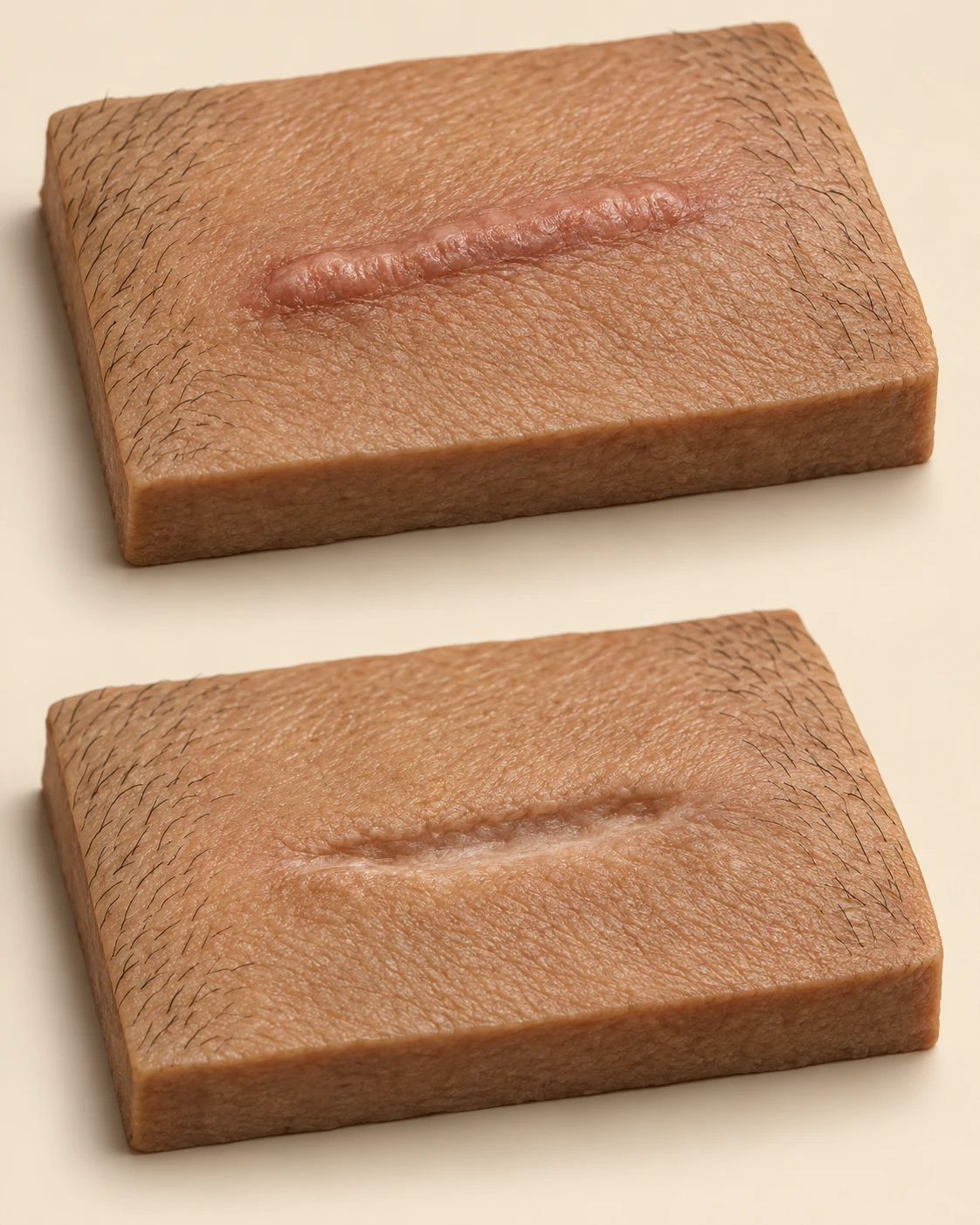 Scar Camouflage Scalp Micropigmentation 8 Two skin teaching models: a raised hypertrophic scar above, and a depressed atrophic scar below