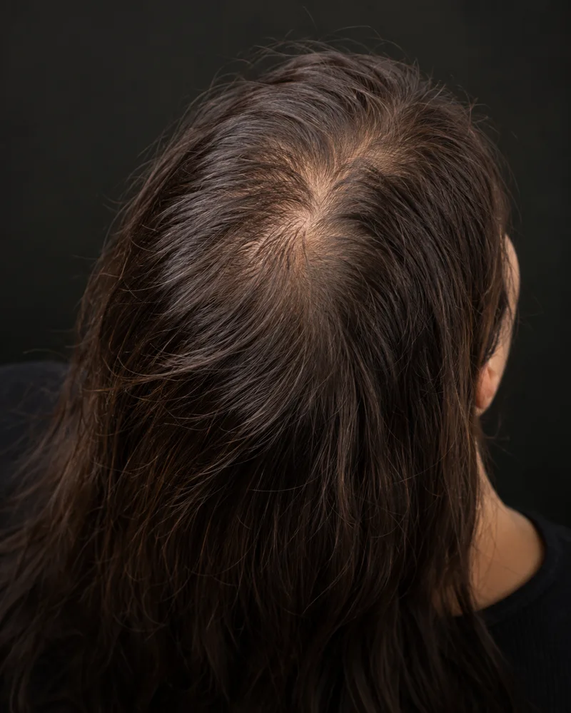 Scalp Micropigmentation For Women | SCALPS 5 Illustration of crown thinning viewed from above and behind, showing scalp between hairs around the natural whorl
