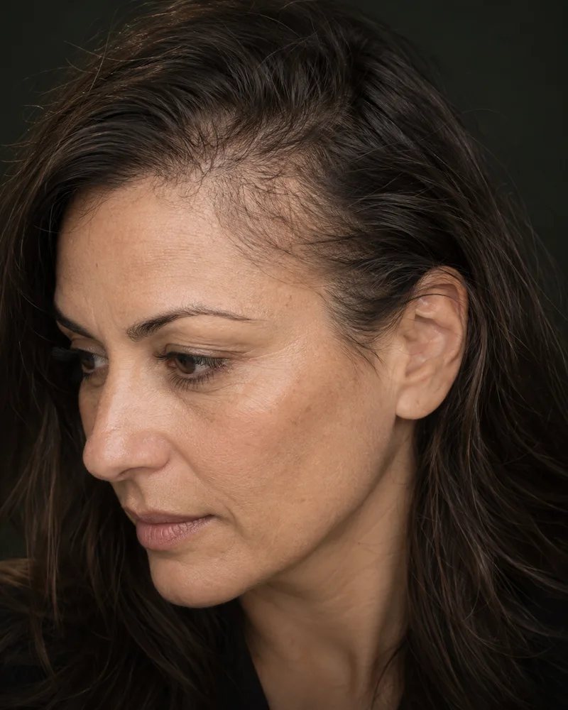Scalp Micropigmentation For Women | SCALPS 6 Illustration of reduced hair density at a woman's temple and frontal hairline, with fine hairs still present