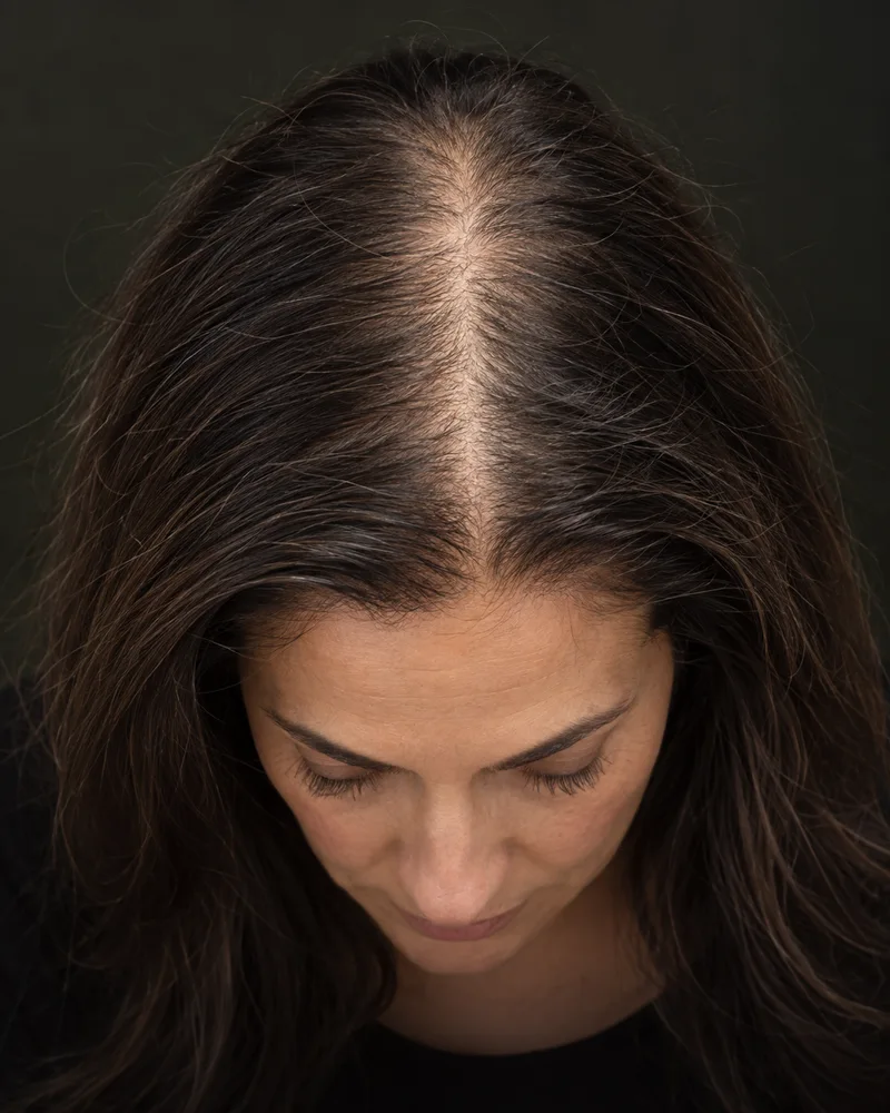 Scalp Micropigmentation For Women | SCALPS 4 Illustration of a widening center part with visible scalp between existing long hairs