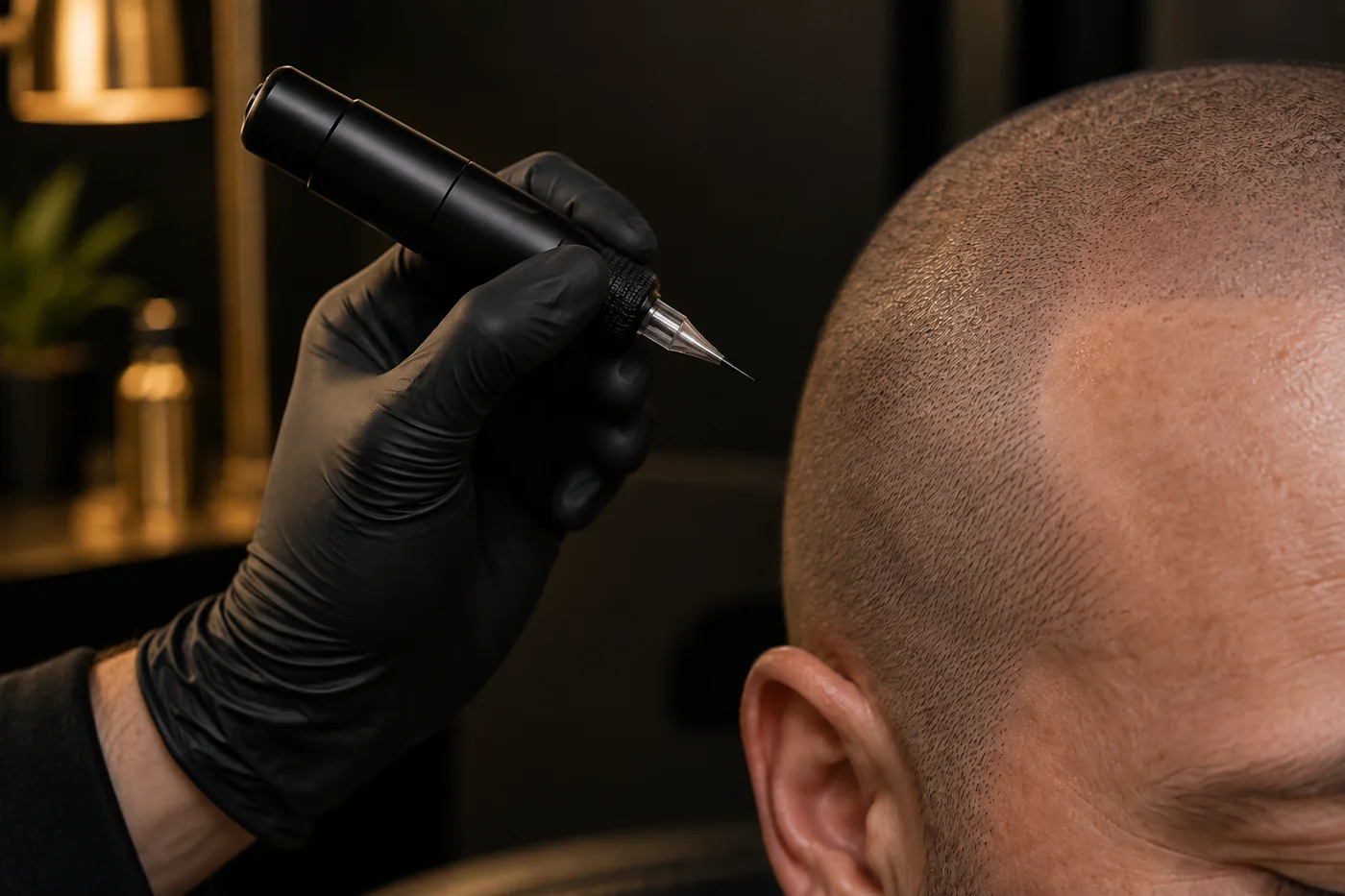 Book Micropigmentation Services | Scalps USA 7 Black gloved SMP artist holding a cosmetic tattoo machine near a closely shaved scalp