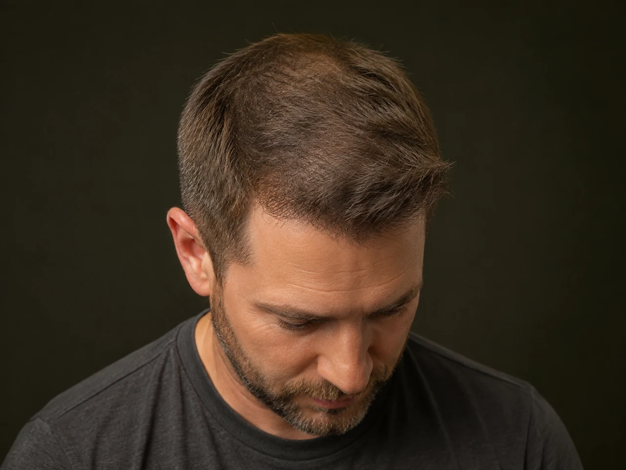 Illustration of a man keeping longer hair with some scalp visible between existing hairs
