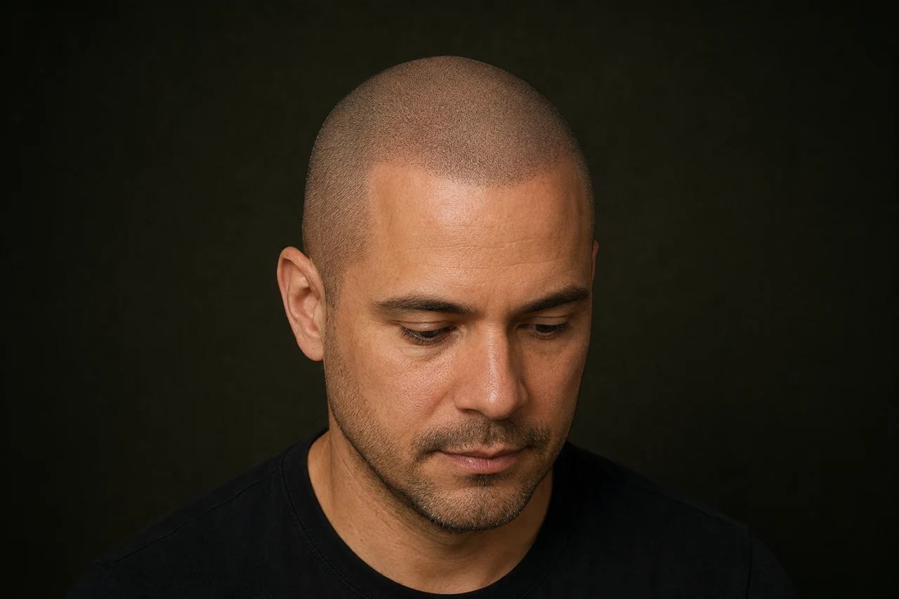 Illustration of a man with a closely shaved scalp and subtle follicle-like impressions