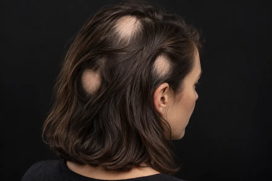 Scalp Micropigmentation for Alopecia: A Guide for Men and Women 2 Illustration of round and oval areas of scalp hair loss surrounded by remaining hair