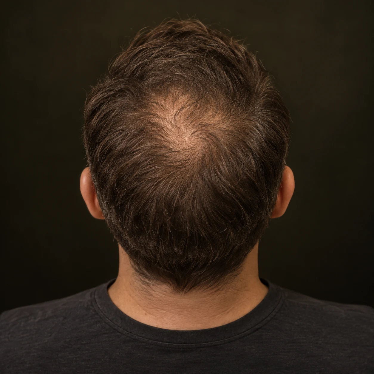 Density SMP for Men with Thinning Hair 4 Educational rear view showing visible scalp at the crown whorl on the back of a man's head