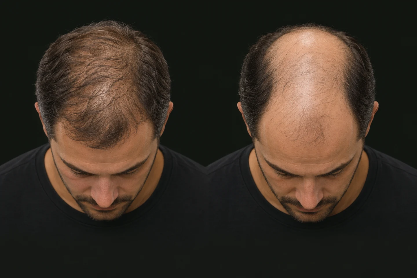 Density SMP for Men with Thinning Hair 10 Teaching comparison with more retained hair on the left and little hair remaining on the right