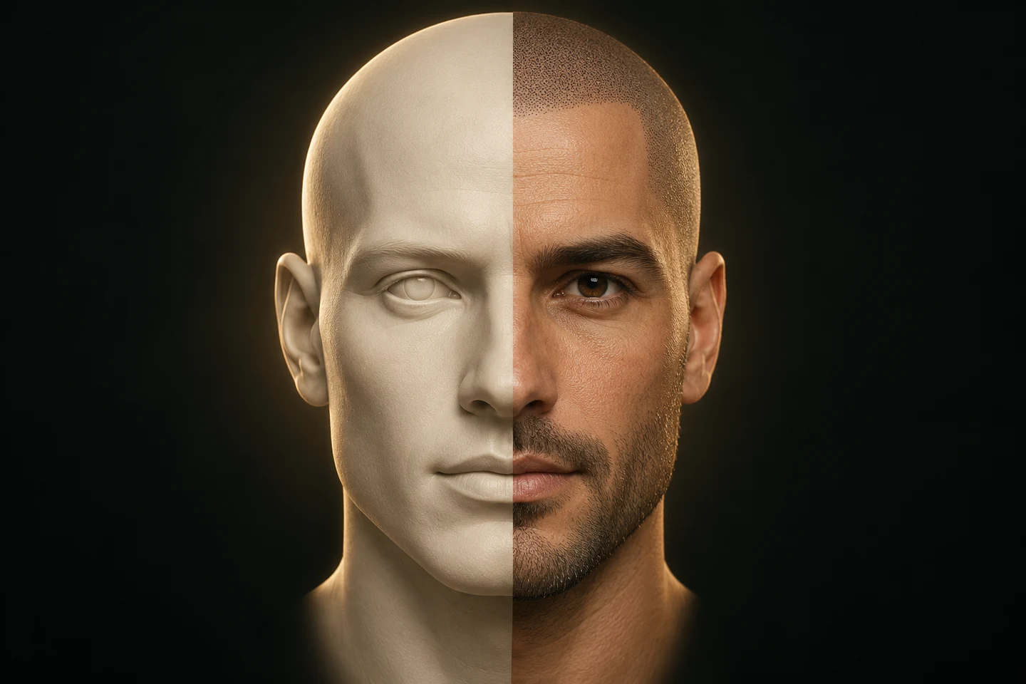 Scalp Micropigmentation & Hair Tattoo Studios | Scalps USA 19 Illustrative portrait combining a sculpted face and a man with a shaved hairline