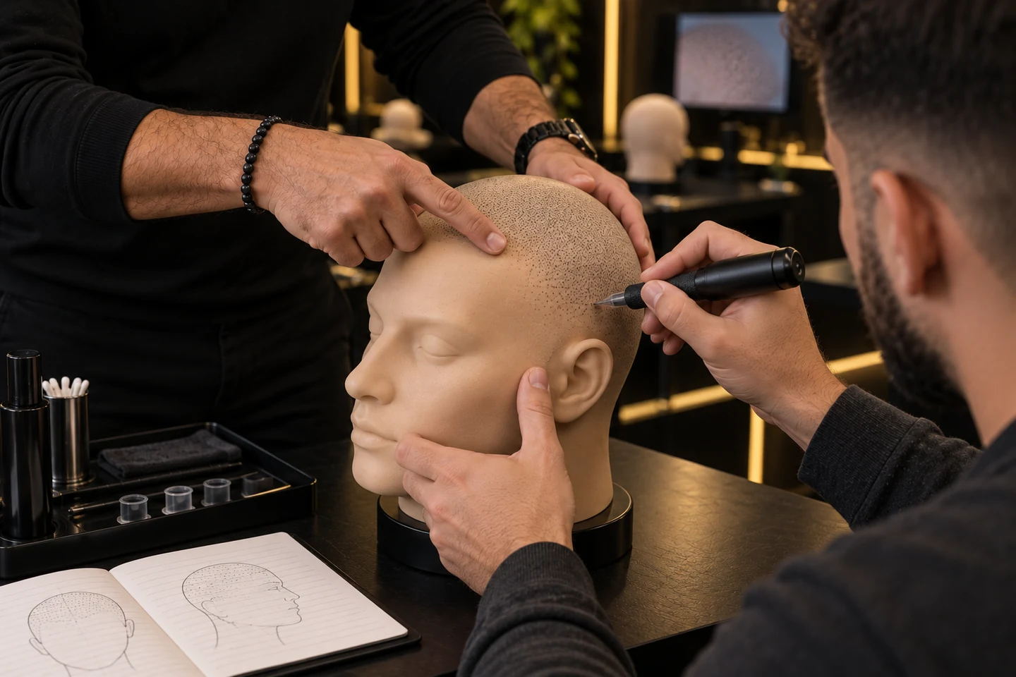 Scalp Micropigmentation Training Course 4 Teaching illustration of a student practising pigment impressions on a silicone mannequin with an instructor