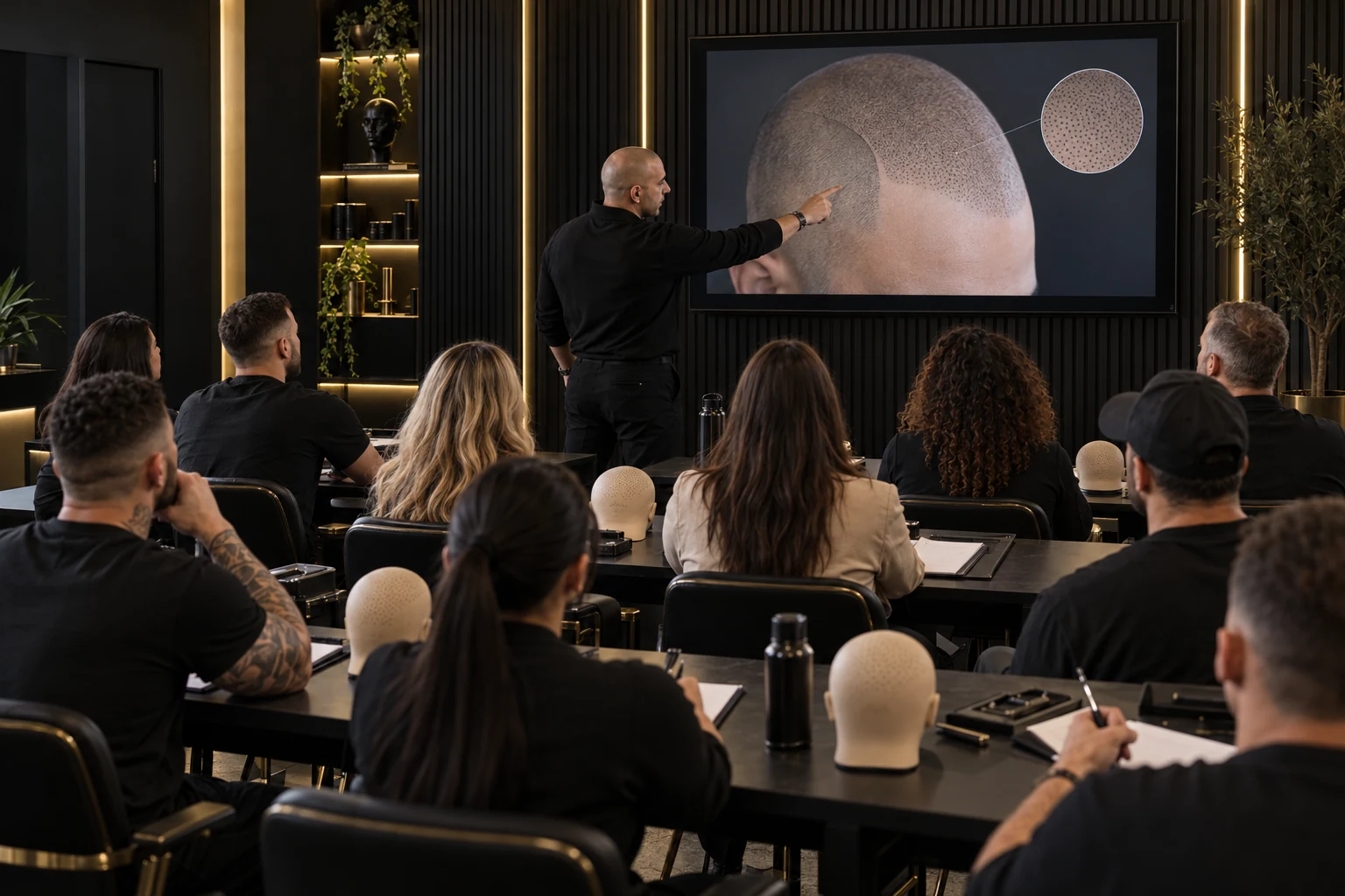 Scalp Micropigmentation Training Course 1 Classroom illustration of Alex Asher explaining SMP hairline design