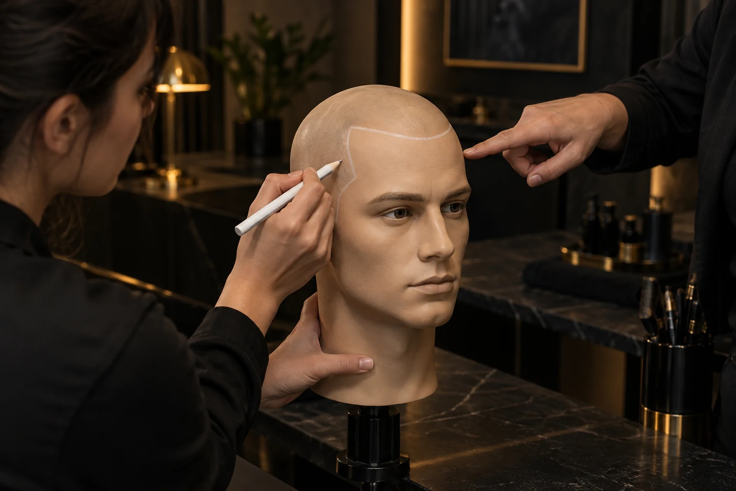 Scalp Micropigmentation Training Course 5 Teaching illustration of a student planning a hairline on a silicone practice head with instructor guidance