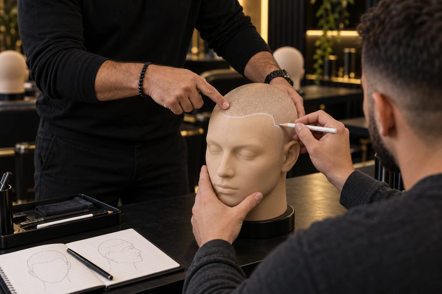 Scalp Micropigmentation Training Course 2 Teaching illustration of a student drawing a hairline on a practice head with instructor guidance